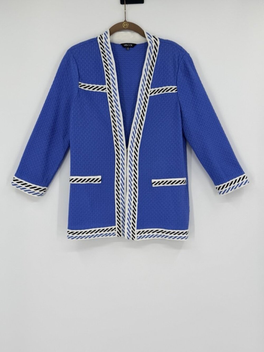 Misook Blue Stretch Knit Cardigan Jacket Contrast Trim Open Front Size XS